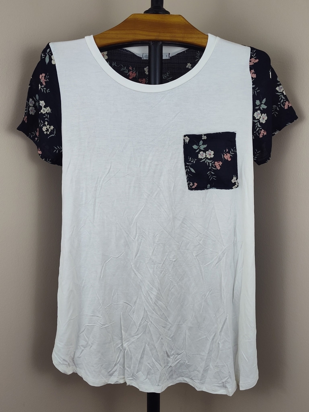 White Short-Sleeve Tee with Black Floral Sleeves and Pocket - Women